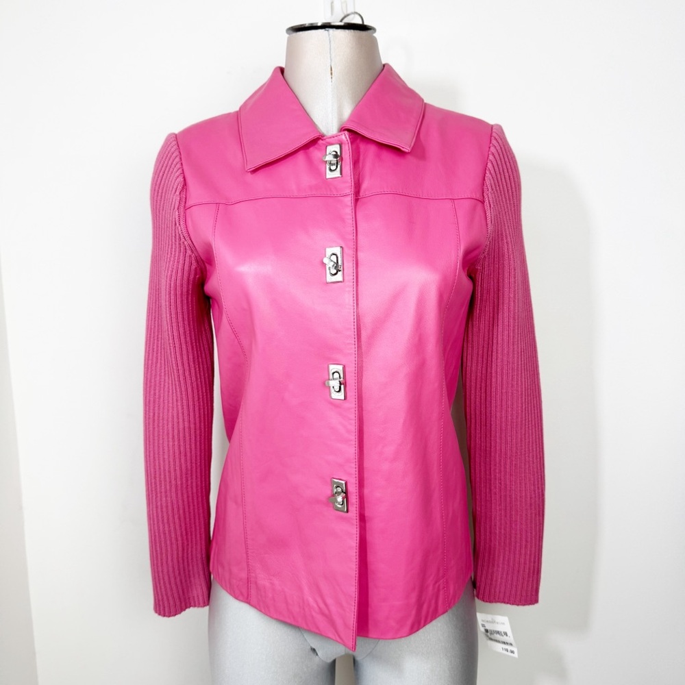 Lisa International Lambskin Leather Jacket Size Small Knit Sleeves Turnlock Pink